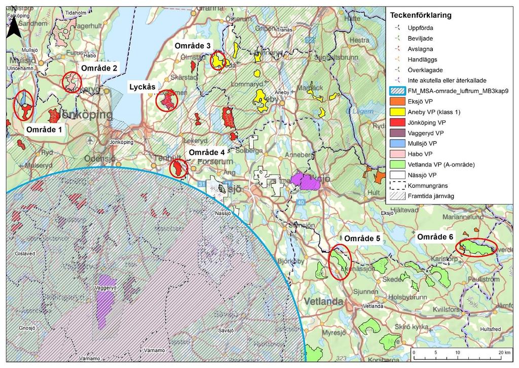 Vetlanda kommun har två utpekade områden nr 5 som bedöms inrymma 6 verk. Vindenergin är mellan 7,2-7,5 m/s på 140 m höjd enligt vindkarteringen. och område nr 6 som bedöms inrymma 8 verk.