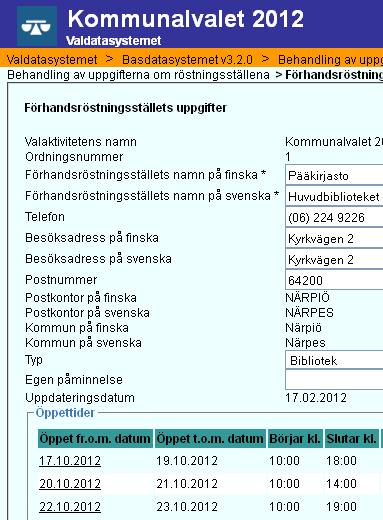 4 (10) Förhandsröstningsställets öppettider I Basdatasystemet införs enligt kommunstyrelsens beslut fastställda öppettider för varje röstningsställe.