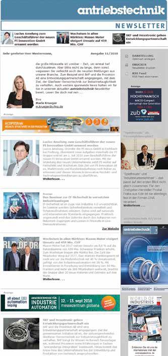 NEWSLETTER Porträt I Preisliste Werbeformen 1PFN 1 Porträt 1 Name: antriebstechnik Newsletter 2 Kurzcharakteristik: Der monatlich erscheinende Newsletter informiert über Entwicklungen, Trends,