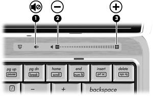 Justera volymen Använd följande reglage om du vill justera volymen: Knappar för datorvolym: Om du vill stänga av eller återställa volymen trycker du på ljudavstängningsknappen (1).