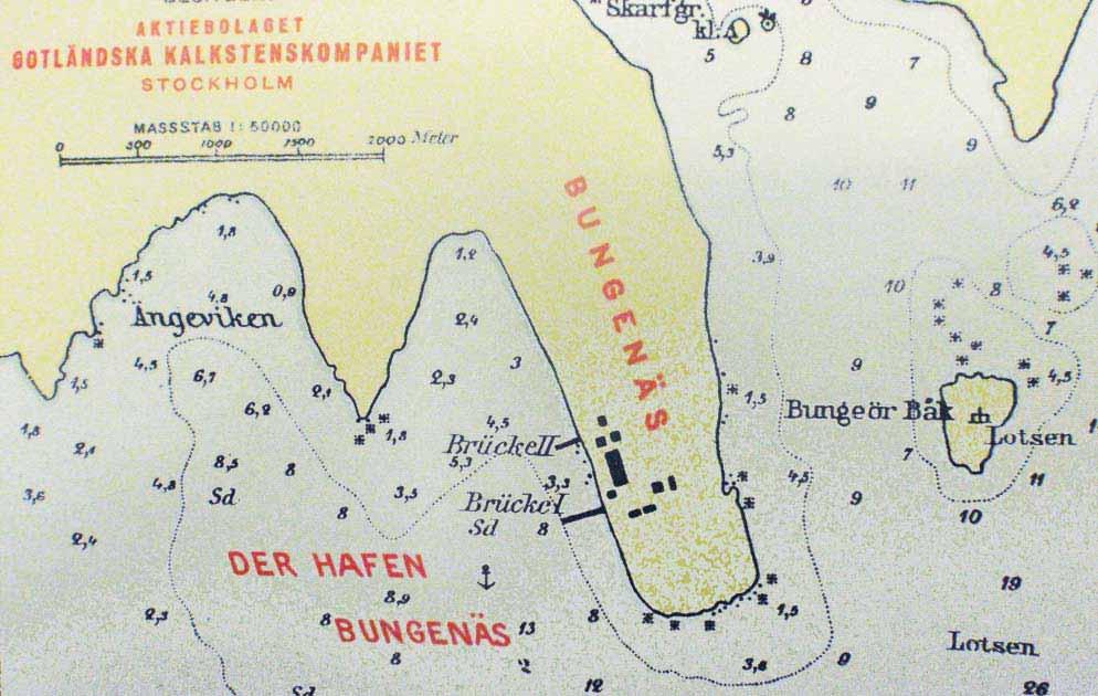 Fabriksområdet Förtätning kring hamnen Från Bungenäs gick kalkstenen på export till Europa, här en reklamfolder på tyska beskrivande hamnen på Bungenäs.