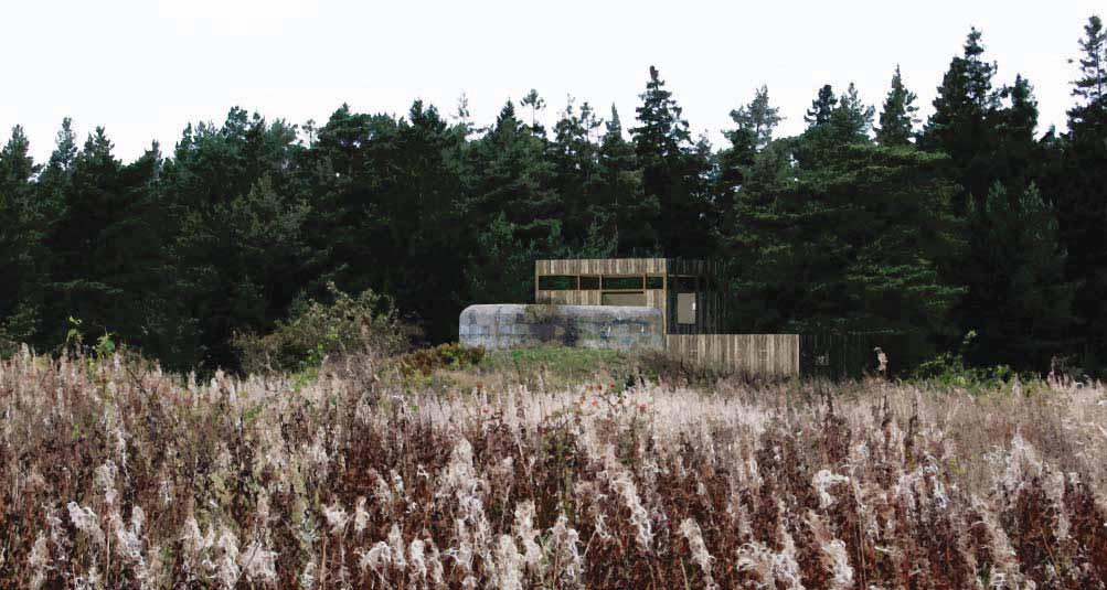 Udden Byggnation och mark generellt Fotomontage, byggnad i skogsbrynet bakom en befintlig bunker 47.