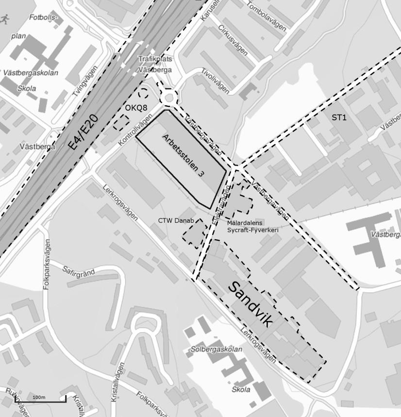 Områdesbeskrivning Planområdet Arbetsstolen 3 är beläget i Västberga industriområde, sydväst om Stockholm. Området utgörs av handelsbyggnad, kundparkering och parkering för varuleveranser (Figur 1).