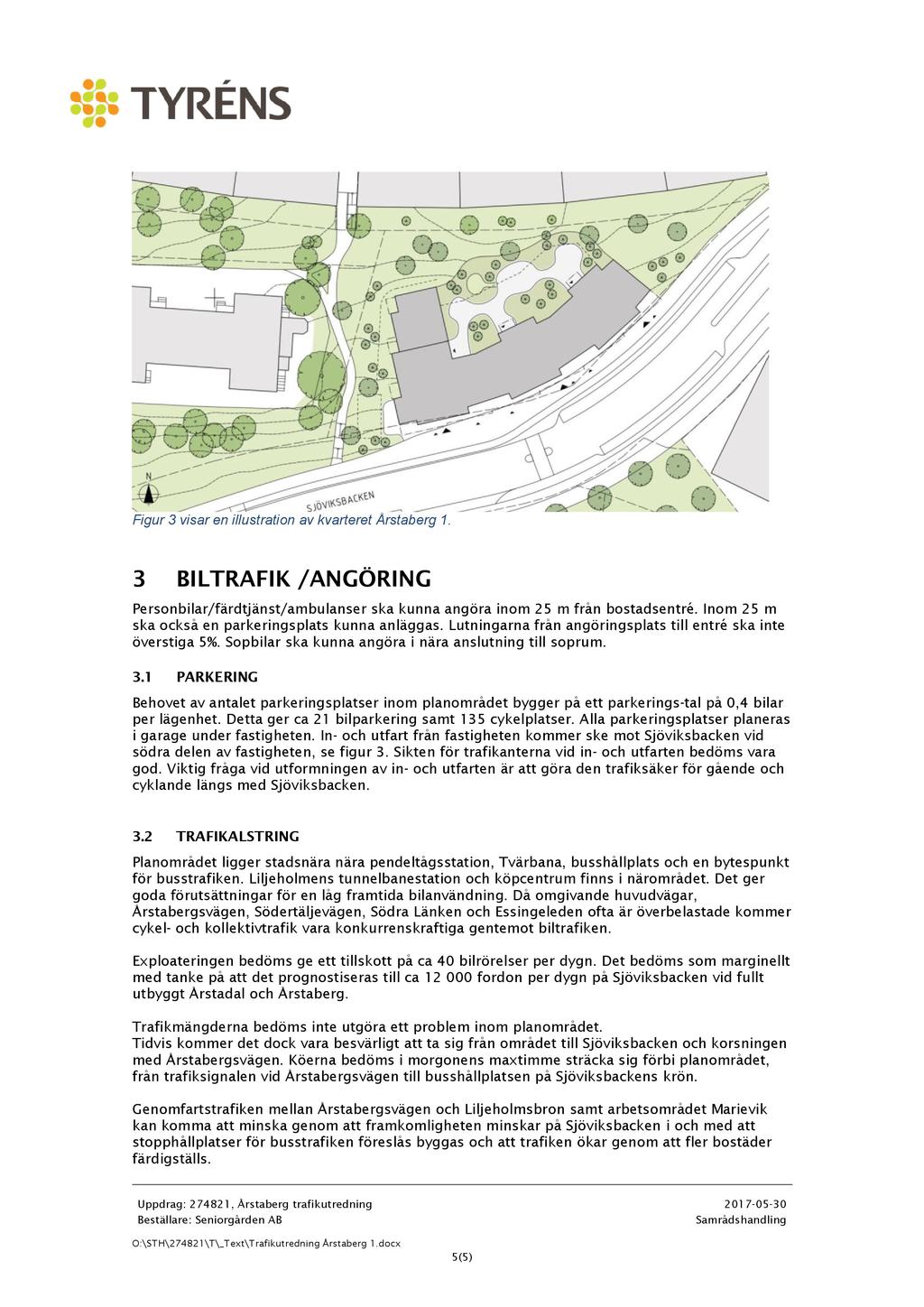 Figur 3 visar en illustration av kvarteret Årstaberg 1. 3 BI LTRAFI K /AN GÖRI N G Personbilar/färdtjänst/ambulanser ska kunna angöra inom 25 m från bostadsentré.