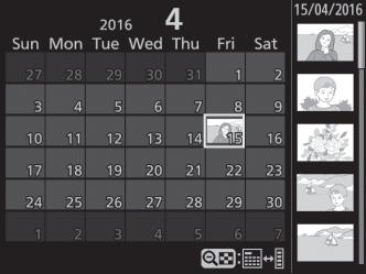 Kalendervisning För att visa bilder tagna på ett valt datum (kalendervisning), tryck på W (Q)-knappen när 72 bilder visas.