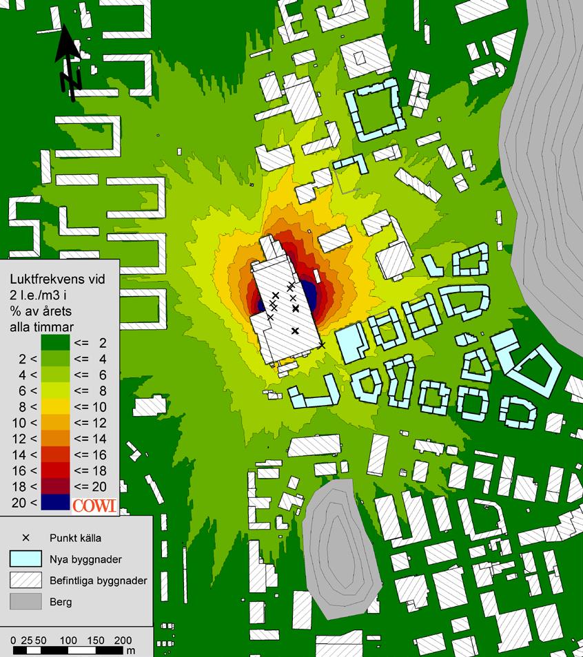 18 LUKTUTREDNING SÖDRA ÄNGGÅRDEN b) a) c) Figur 7. Antal timmar per år (%) när lukthalten överstiger a) 1 l.e./m³; b) 2 l.e./m³; och c) 5 l.