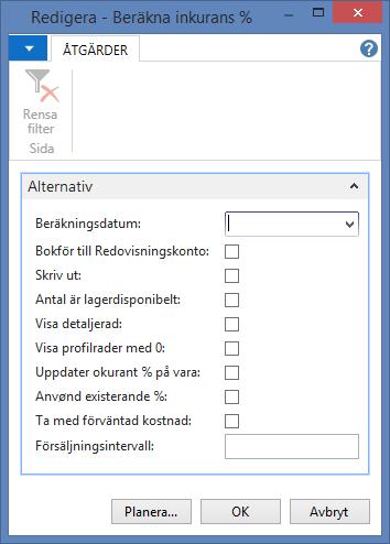 Artiklar, som under längre tid inte gjorts inköp för (ingen artikelpost med typen köp), kan du automatiskt få tillagt en inkuransprocent som visar i hur hög grad artikeln är inkurant.