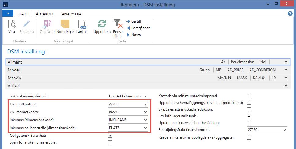 DSM inställning Till sist skall det, under Avdelningar Service Inställningar DSM inställning snabbfliken Artikel, anges två redovisningskontonummer för bokföringen av inkurans: ett Inkuranskontonr.