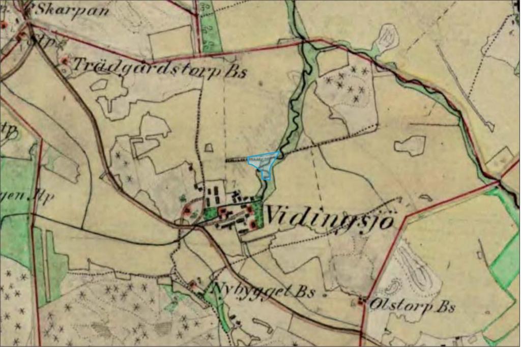 Historiska kartor Figur 1. Utsnitt ur häradsekonomiska kartan 1868-1877 med ett utbredningsområde markerat.