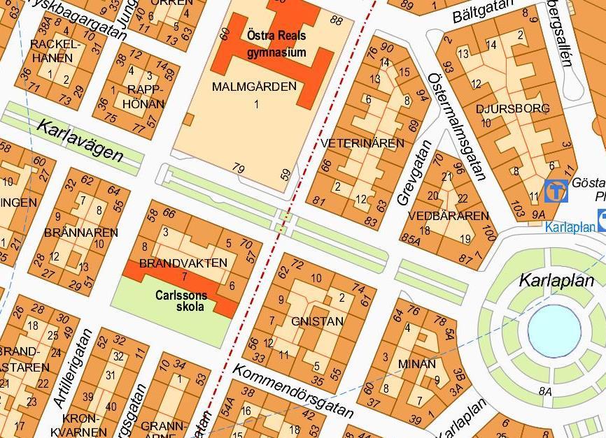 Sida 2 (7) Brandvakten 7, Carlssons skola, ligger längs Kommendörsgatan, ett par kvarter väster om Karlaplan. Planområdet markerat.