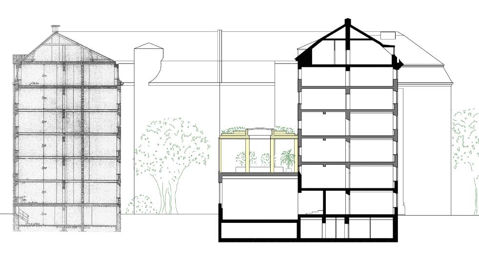 Sida 6 (7) Sektion genom kvarteret Brandvakten. Föreslagen tillbyggnad markerad. I förslaget ingår även att omvandla den omgivande terrassen som idag är belagd med betongplattor.