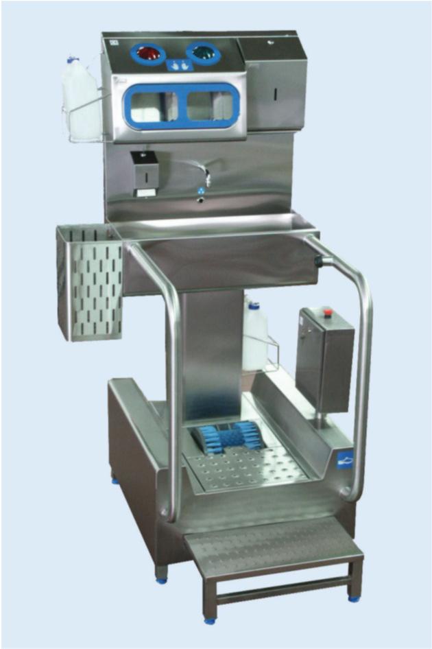 Lågskor med handtvätt och desinfektion Combienhet 5524- Sektions roterande borste för skosulor och lågklackade skor, styrs med knapp. Automatisk intag av vatten.
