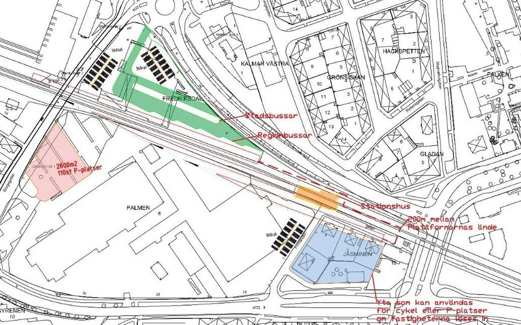 3.4 Avfärdat alternativ Under utredningsarbetet har ett alternativt läge för stationen öster om Bragebron studerats, se Figur 3.3. Placeringen innebär att stationen hamnar något närmare målpunkter som ligger österut, exempelvis Universitetet och centrala delar av Kalmar.