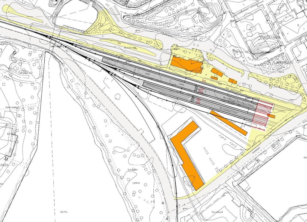Figur 4.1: Utformningsalternativ 3 (UA3) för nuvarande läge Kalmar C. Revidering av bild från rapport Utveckling av Kalmar stationsområde, 2012.