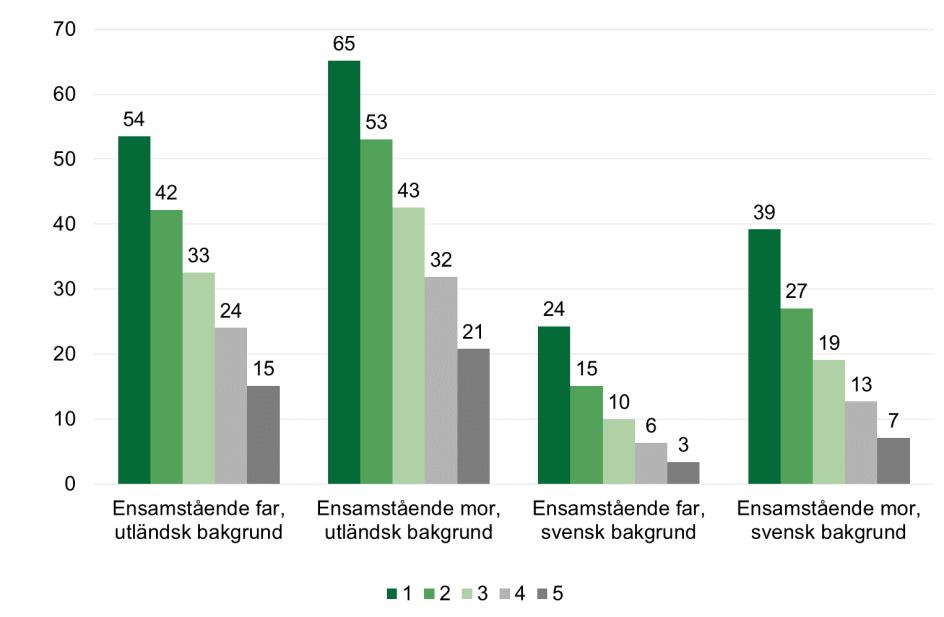 Datum Vår beteckning 2019-06-11 001579-2019 20 (56) Diagram 9 Andel personer 20-64 år med relativ låg ekonomisk standard under 1-5 år under perioden 2013-2017. Redovisat efter hushållstyp år 2013.