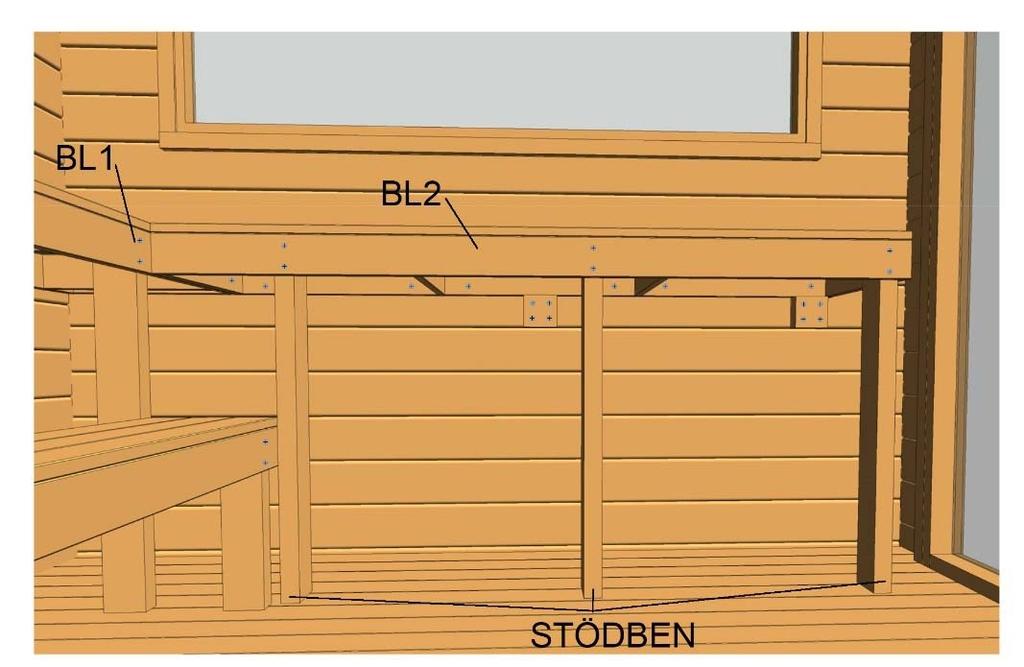 Fäst sedan stödbenen i golvet. Kapa till stödbenen till BL2. Lägg upp BL2 på stödbenen och skruva fast den i BL1, väggen samt stödbenen.