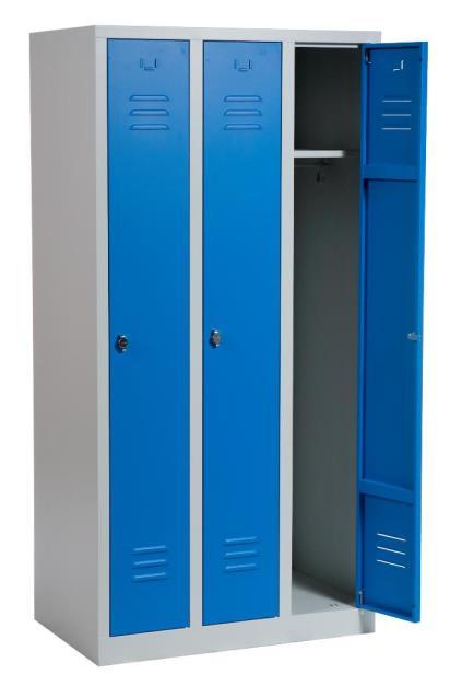 nr: KSK330 1800 x 600 x 550 mm 42 kg 1 hylla, klädstång med 3st klädkrokar Färg: Standard färger, blå eller röd dörr Stomme: RAL 7035, Dörrar: RAL 5012 eller RAL
