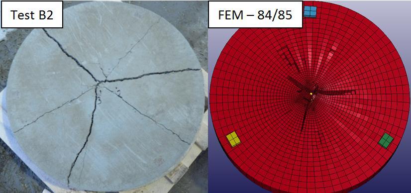 Figur 5.4-B, Jämförelse av sprickbildning test B2 mot FEM-resultat med materialmodell 78 Soil Concrete. Nedslagshastighet 7,412 m/s och klotets vikt 44,90 kg Figur 5.