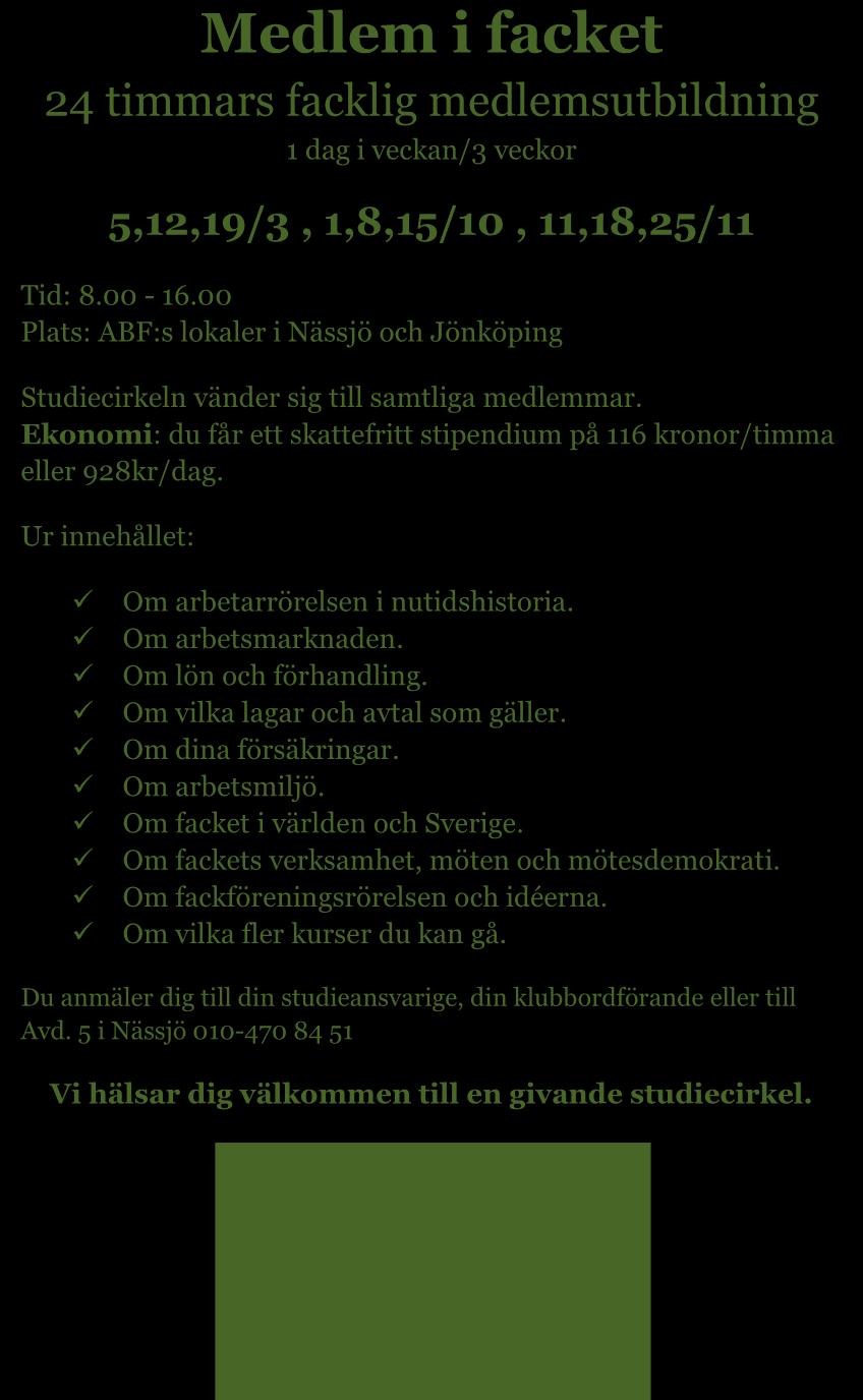 Medlem i facket 24 timmars facklig medlemsutbildning 1 dag i veckan/3 veckor 5,12,19/3, 1,8,15/10, 11,18,25/11 Tid: 8.00-16.