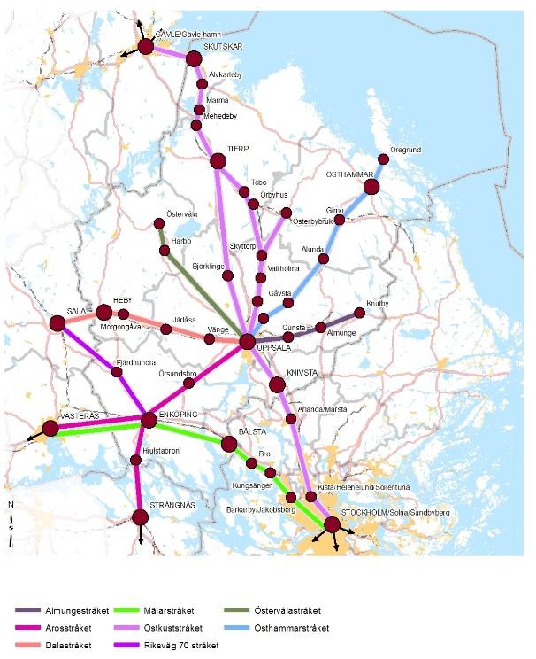23 (25) Kartan visar vilka stråk i Uppsala län som är prioriterade för åtgärder inom cykel och kombinationsresor cykel och kollektivtrafik.