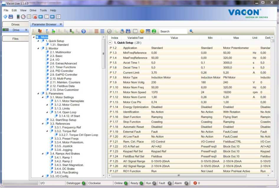 ANVÄNDARGRÄNSSNITT VACON 111 3.5 VACON LIVE VACON Live är ett datorverktyg för driftsättning och underhåll av frekvensomriktarna VACON 10, VACON 20 och VACON 100-familjen.