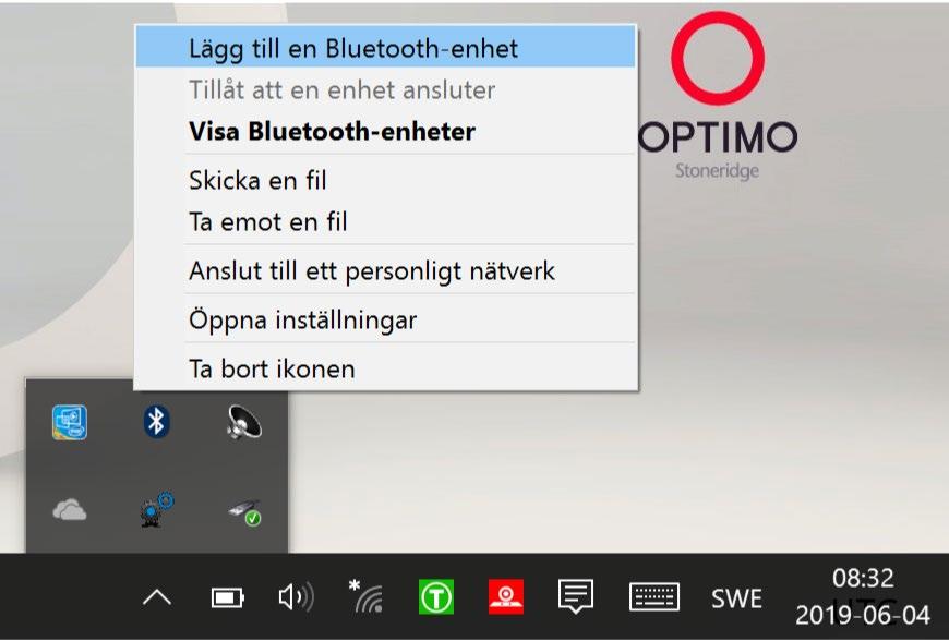 I Optimo klicka på blåtandsikonen nere vid klockan i det högra hörnet.