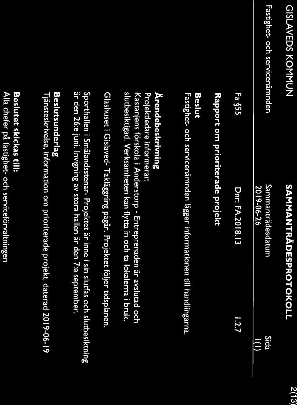 2(13) Fa 55 Dnr: FA.20 18.13 1.2.7 Rapport om prioriterade projekt Fastighet- och servicenämnden lägger informationen till handlingarna.