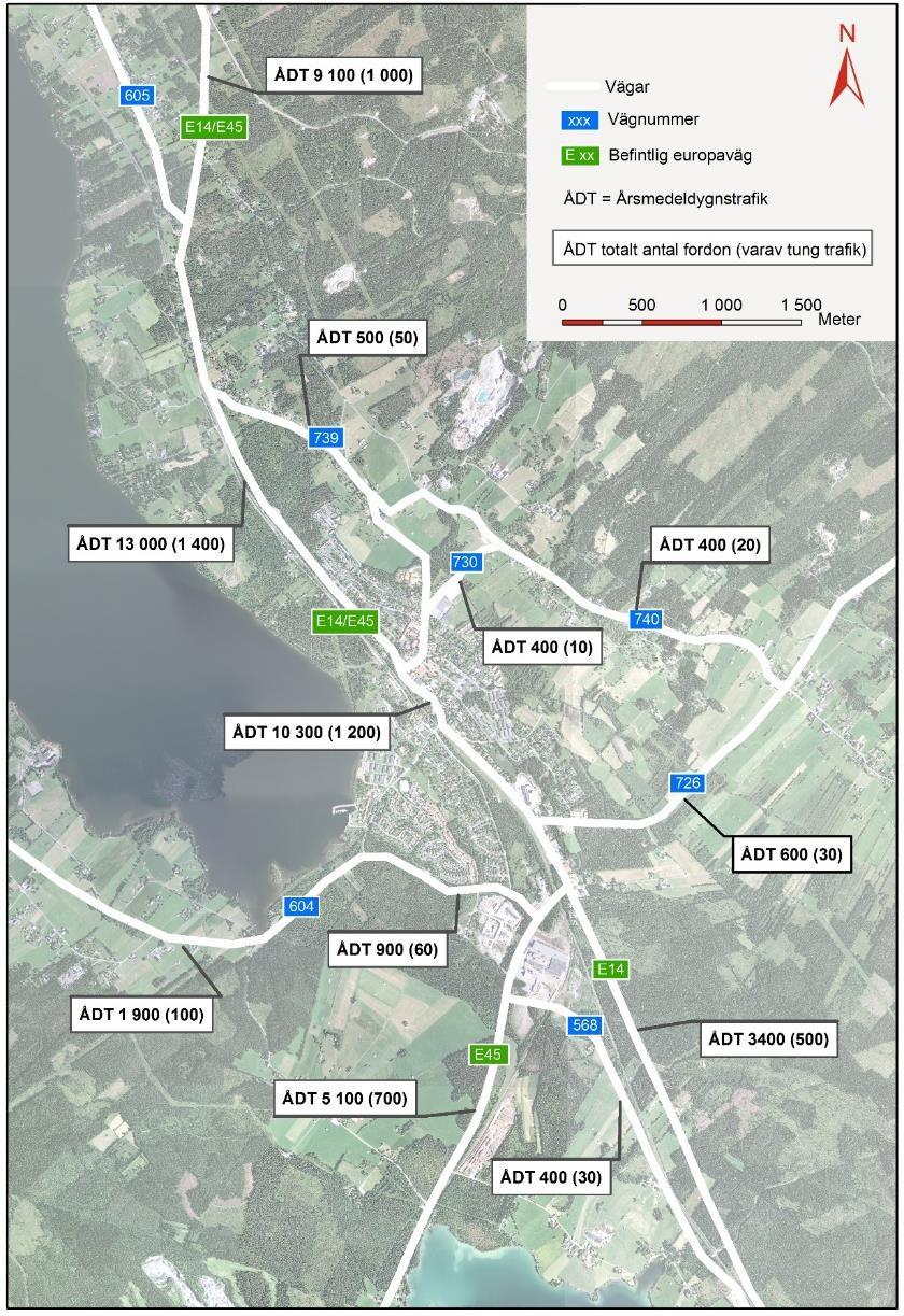 Bild 38 ÅDT för nollalternativet och för noll+ alternativet (år 2050) 6.1.1.3. Korridor Skogen, alternativ grön öst Trafikmängden genom Brunflo på E14/E45 minskar och omfördelas till korridor Skogen, alternativ grön öst.