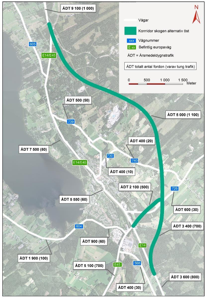 Bild 39 ÅDT för alternativ Skogen grön öst (år 2050) Med alternativ Skogen grön öst fördelas trafikmängden på förbifarten och på befintliga E14/E45.
