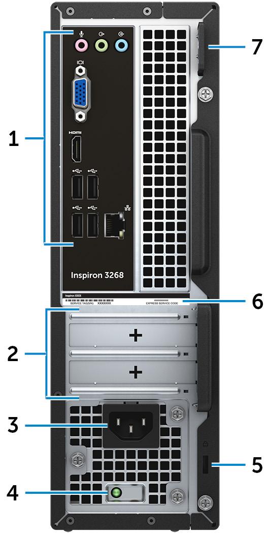 Baksida 1 Bakpanel Anslut USB-, ljud- och videoenheter och andra enheter. 2 Kortplatser för expansionskort Ger åtkomst till portarna på alla installerade PCI Express-kort.