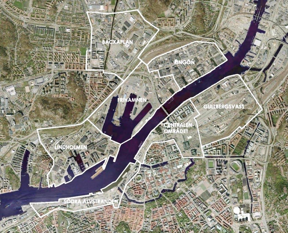 Älvstadens sju geografiska områden Det här avsnittet beskriver Älvstadens sju geografiska områden: Lindholmen, Frihamnen, Backaplan (inklusive Kvillebäcken), Ringön, Centralenområdet, Gullbergsvass
