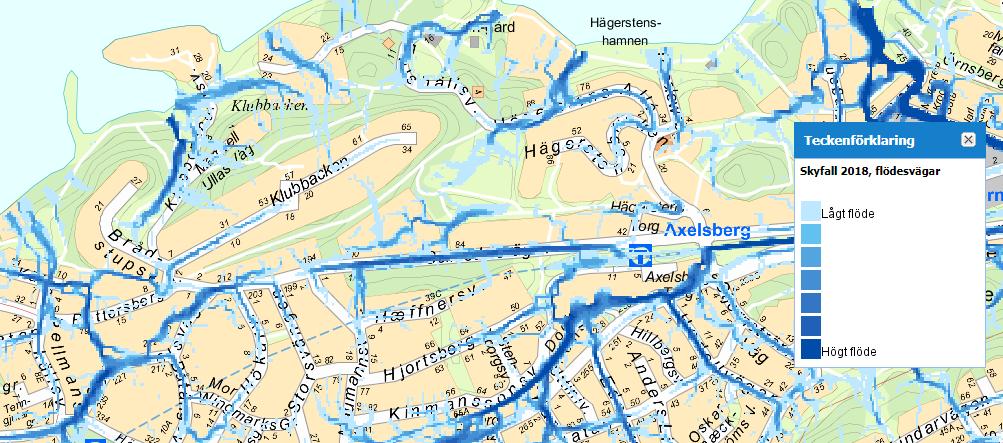 För utredningsområdet visar skyfallskarteringen att det kan uppstå en flödesväg genom utredningsområdet från Hæffnersväg. I övrigt går de höga flödena i Selmedalsvägen, se Figur 4.