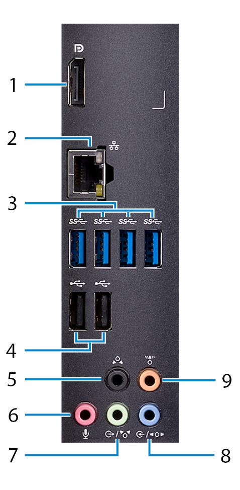 Bakpanel 1 DisplayPort Anslut endast för felsökning. 2 Nätverksport OBS: Använd videoportarna på det dedikerade grafikkortet för att ansluta externa bildskärmar eller projektorer.