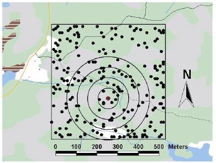 The drilling site is shown with a red dot. Circles are drawn at 50, 100, 150 and 200 m from the drilling site (see Analysis and interpretation).