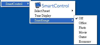 Context Menu (Kontextmenyn) har fyra poster: SmartControll Premium - när det valts visas fönstret Om.