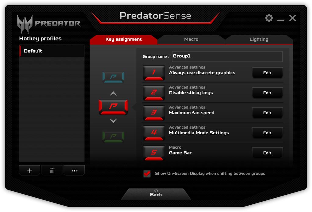 PredatorSense - 37 Tilldela en åtgärd till en snabbtangent Klicka på [Edit] (Redigera) för att starta Profilhantering sidan; öppna fliken [Key assignment]