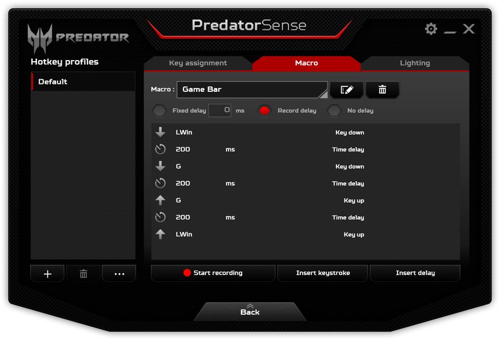 PredatorSense - 39 Registrera en makro Klicka på [Edit] (Redigera) för att starta Profilhantering sidan; öppna fliken [Macro] (Makro).