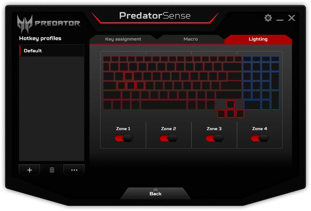 PredatorSense - 41 Justera tangentbordets bakgrundsbelysning Tangentbordets bakgrundsbelysning är indelat i fyra zoner, där du kan slå på eller av oberoende.