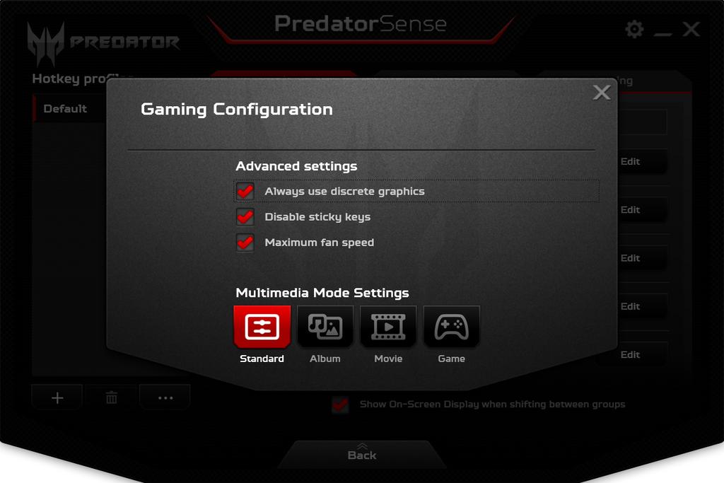 42 - PredatorSense PredatorSense-inställningar Klicka på ikonen [Settings] (Inställningar) för att ändra inställningar för ditt Predator-system.