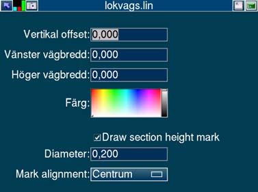 Vertikal offset: Flyttar tillfälligt referensenhöjden upp eller ner. Vänster vägbredd: Hjälplinje i sektionsvy på vänster sida. Höger vägbredd: Hjälplinje i sektionsvy på höger sida.