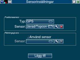 Välj Instrument Välj Typ GPS Välj Sensor LeicaGPS. Om GPS LeicaGPS inte finns i listan: Tryck Lägg till Välj Typ GPS Välj Märke Leica Välj Modell MC500/1200 Tryck.