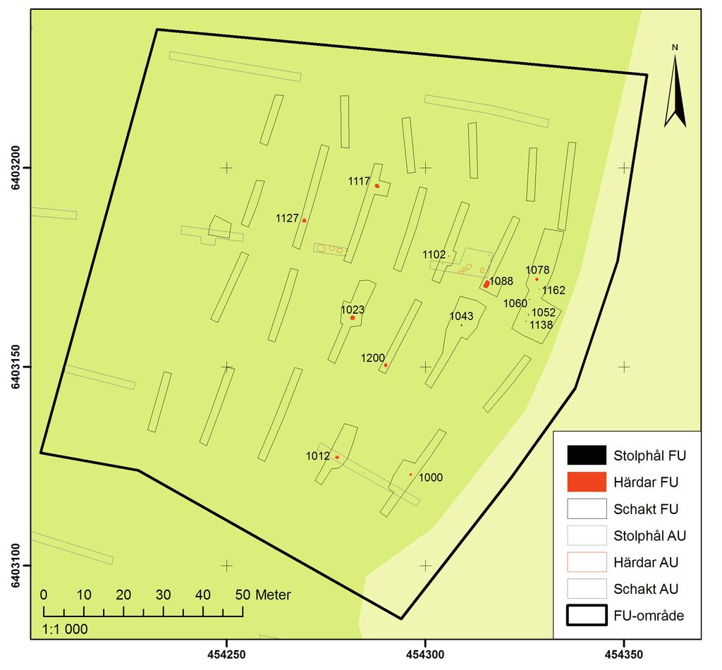 10 ARKEOLOGISK RAPPORT 2010:48 figur 8. Schaktplan med både resultaten från förundersökningen och den föregående utredningen.