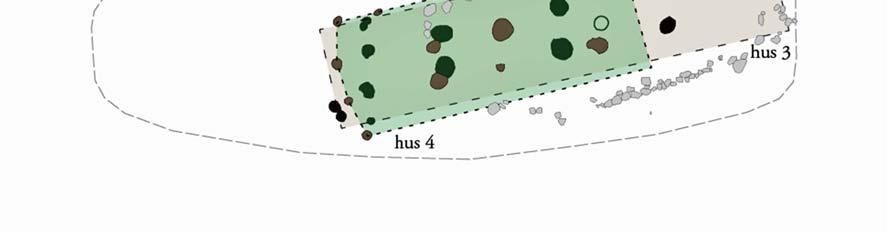 Figur 31. Till bebyggelsen från vendeltid hörde hus 3 och 4 på terrass I och möjligen hus 18 på terrass III. I hus 4 fanns en härd.