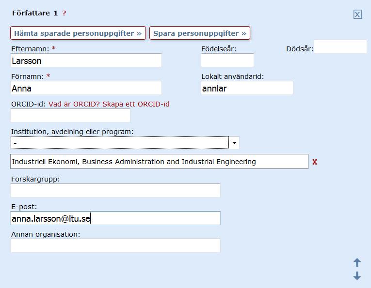 8. Författare: Ange utskrivet förnamn för alla författare från Luleå Tekniska Universitet. Det är viktigt att fylla i ditt användarnamn (CAS-id) vid LTU i fältet Lokalt användarid.