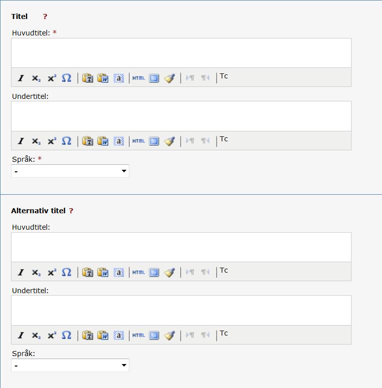 10. Titel och alternativ titel: Ange Titel, eventuell Undertitel och publikationens Språk.