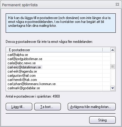 55 4.118 SamLogic MultiMailer - Hjälp Dialogrutan Permanent spärrlista Dialogrutan Permanent spärrlista I denna dialogruta kan du skapa en lista med e-postadresser som inte längre ska ta emot några