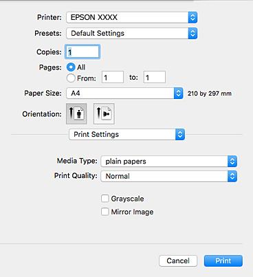 Utskrift Förinställning: Välj när du vill använda de registrerade inställningarna. Pappersstorlek: Välj pappersstorleken som du har fyllt på i skrivaren.