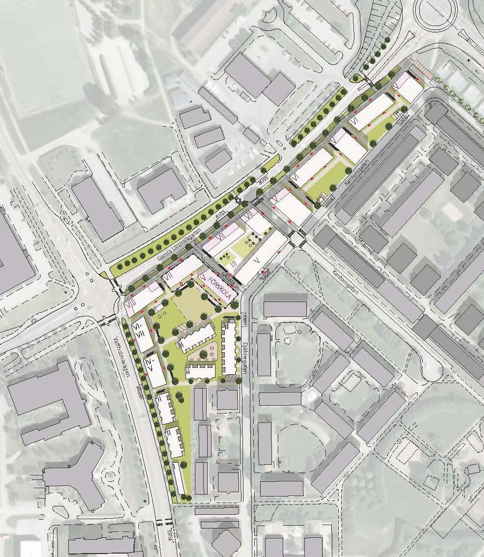Förändringar Illustrationsplan som visar hur den nya bebyggelsen inom planområdet kan utformas. Föreslagen bebyggelse är markerad med vitt.