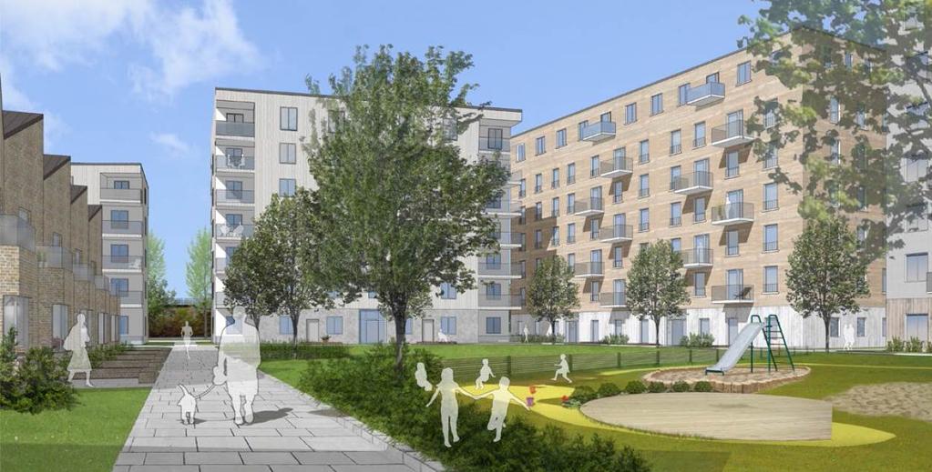 Perspektiv som visar bostadsgård med förskolegård i planområdets västra del till höger, och de föreslagna radhusen till vänster. Illustrationen är gjord av Petter Öhman arkitektkontor.