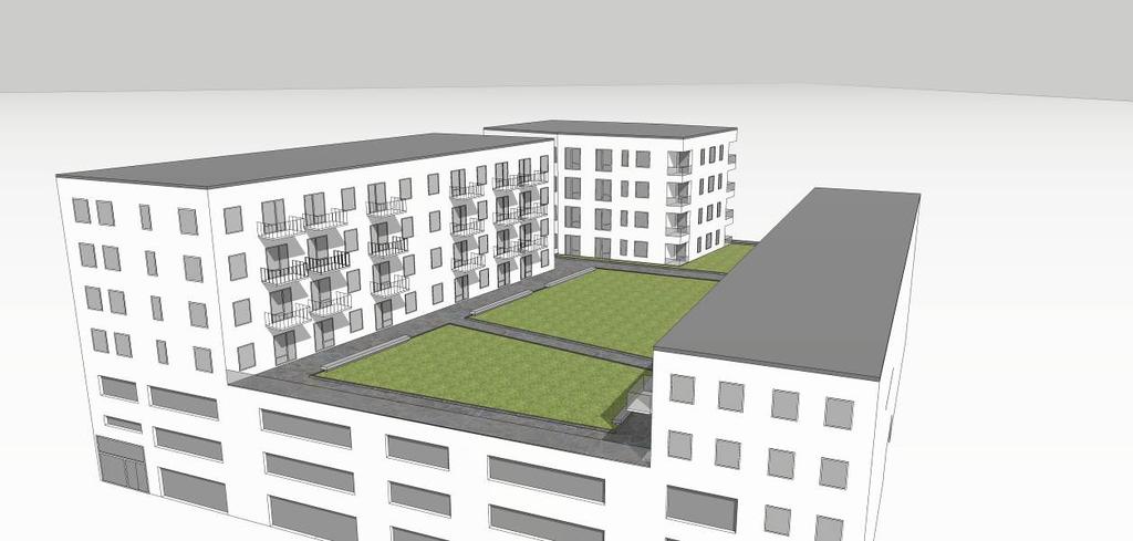Volymskisser som visar bostäder och gård på parkeringshuset sett från väster. Illustrationen är gjord av Petter Öhman arkitektkontor. Marken får byggas under med planterbart och körbart bjälklag.